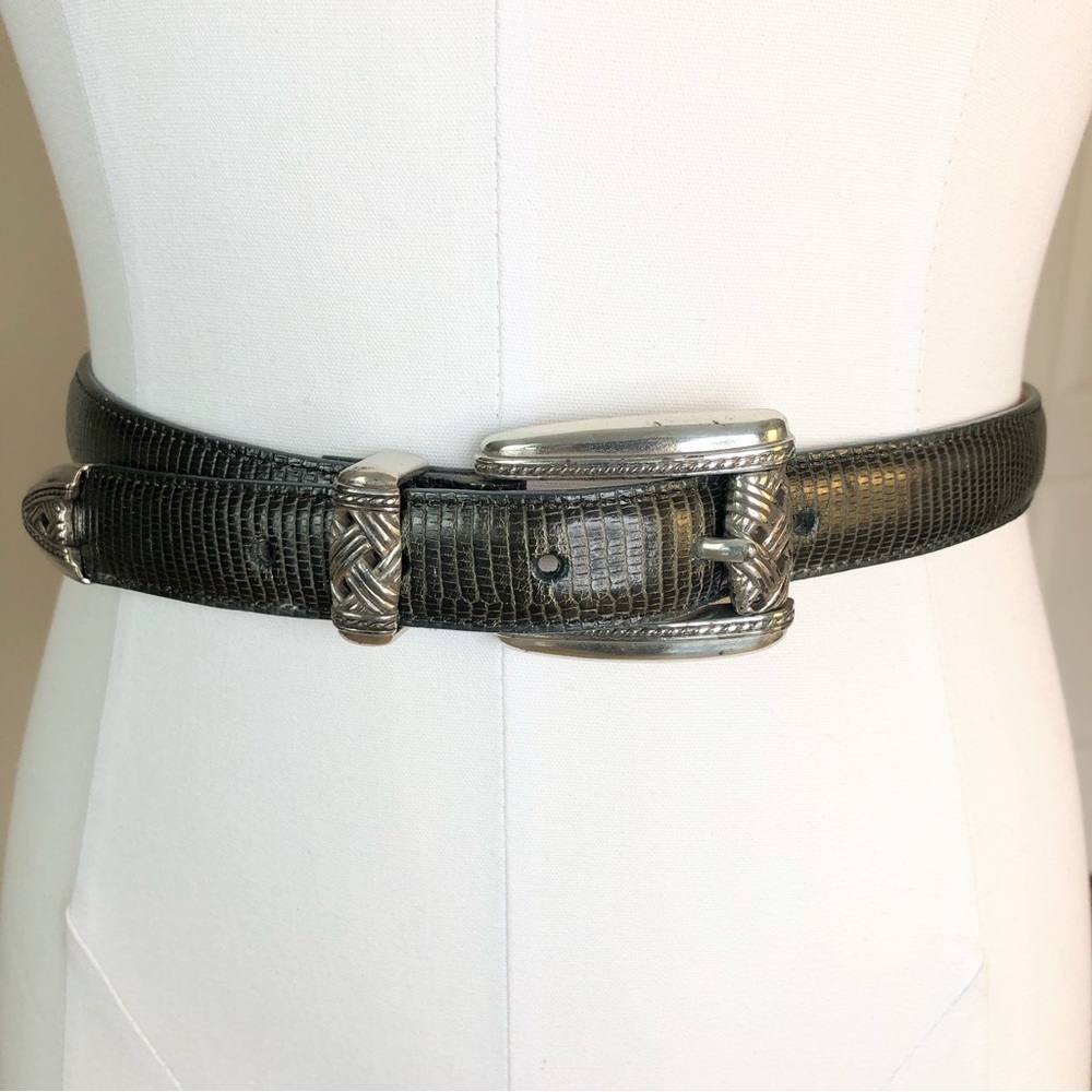 BRIGHTON dark gray lizard grain leather belt silver buckle S